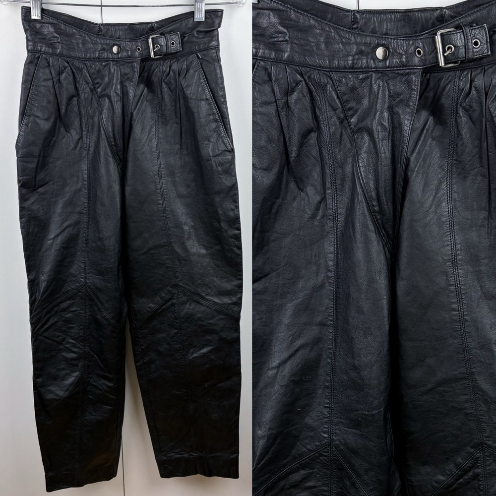 Vintage 100% Leather Buckled Paperbag Black High Rise Straight Tapered Pant Punk